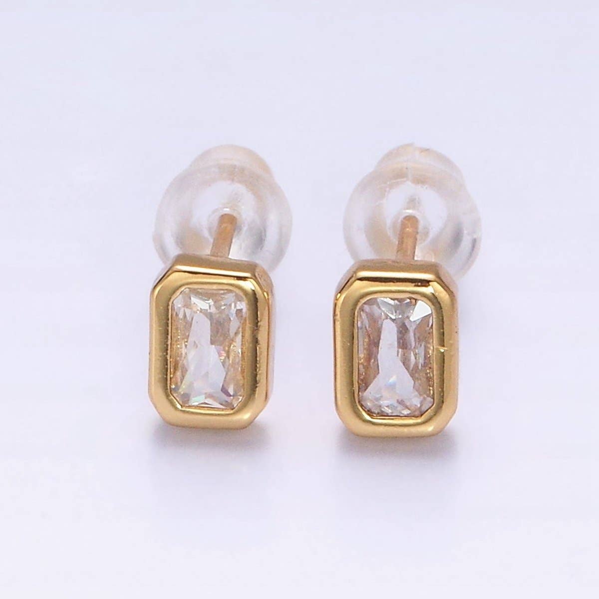 Aim Eternal - Wholesale Stud/Post Earrings - 14K Gold Filled Blue, Clear, Fuchsia, Red, Pink Multifaceted Baguette CZ Bezel Stud Earrings | AD-448~AD-4521