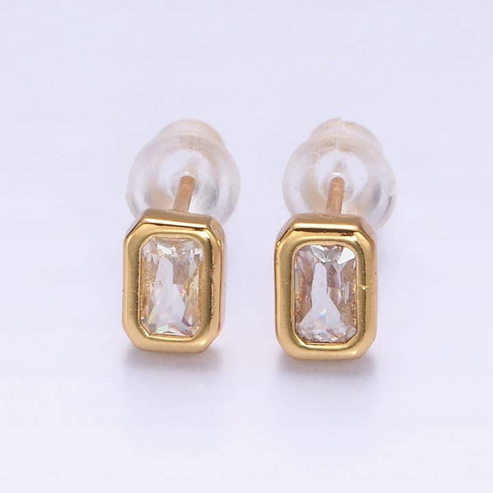 Aim Eternal - Wholesale Stud/Post Earrings - 14K Gold Filled Blue, Clear, Fuchsia, Red, Pink Multifaceted Baguette CZ Bezel Stud Earrings | AD-448~AD-4521