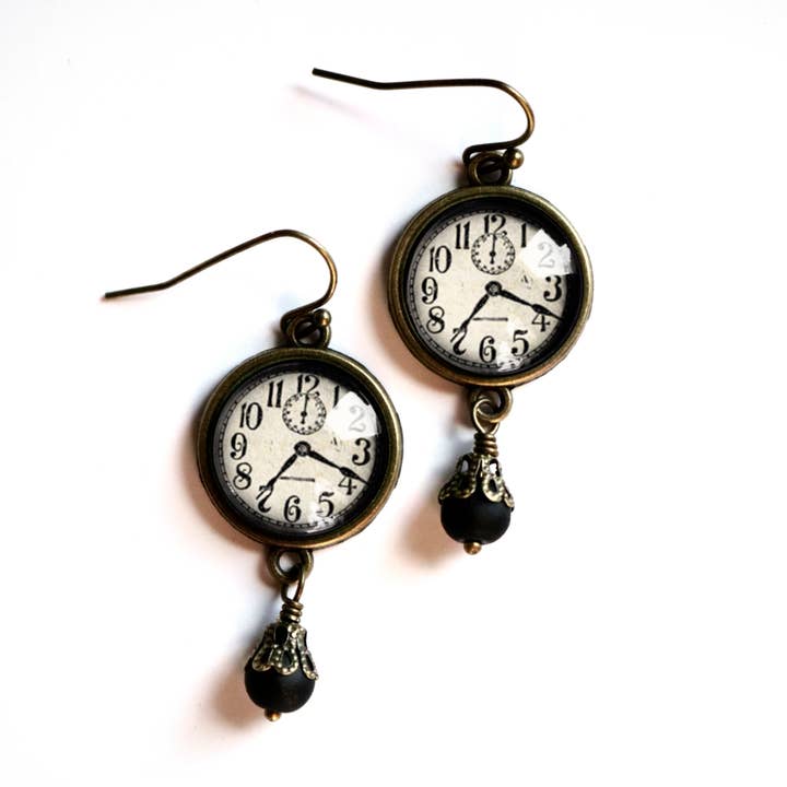 The Divine Iguana - Wholesale Dangle Earrings - Edwardian Clock Steampunk Glass Cabochon and Bronze Earrings