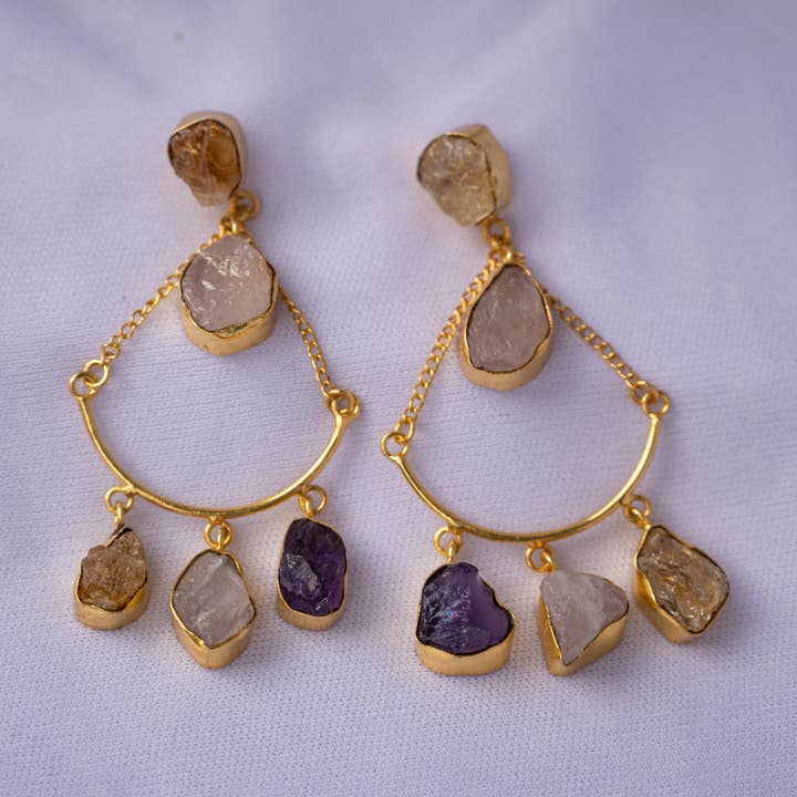 Hängande örhängen med ädelstenar i rosenkvarts, citrin och ametist för wholesale av DIORA