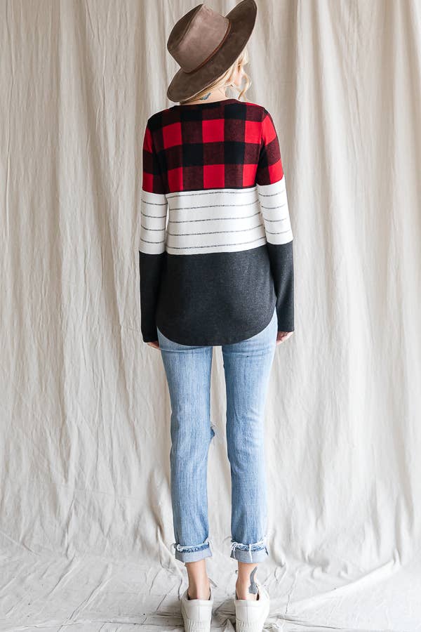 7th Ray - Wholesale Knit Top - Women's - Cozy Color Block Plaid Striped Thumbhole Pullover TopT4423-119