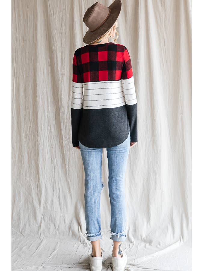 7th Ray - Wholesale Knit Top - Women's - Cozy Color Block Plaid Striped Thumbhole Pullover TopT4423-119