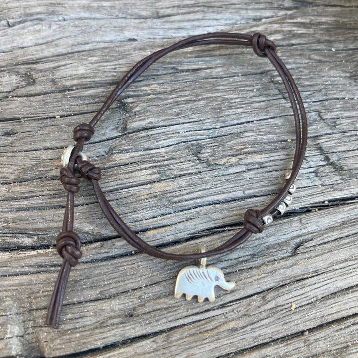Elephant Silver Charm Leather Bracelet for wholesale by Jewel Garage