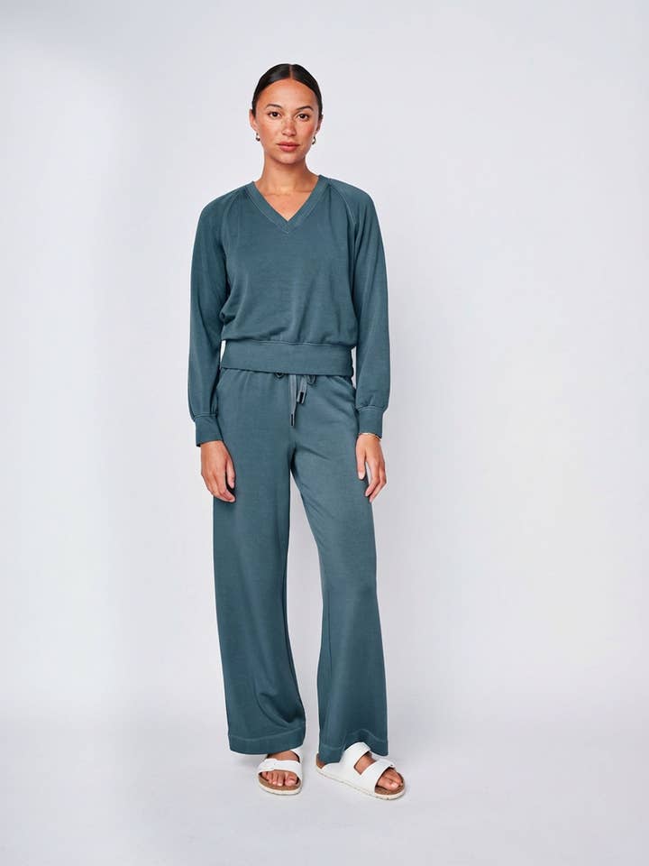 Softest Fleece Long Sleeve Raglan V-Neck Pullover in Winter Green for wholesale by Stateside