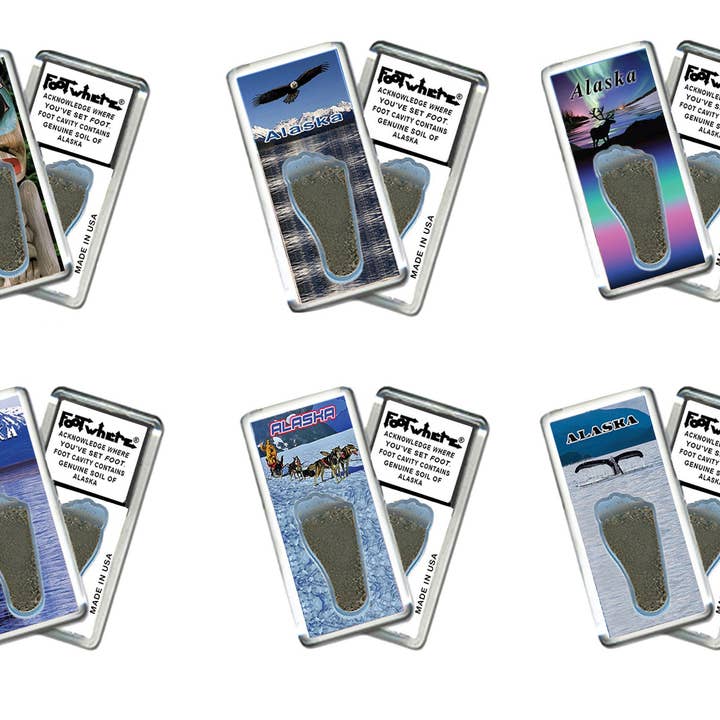 Alaska FootWhere® Souvenirmagneter. 72 stycken/ 6 olika stilar. för wholesale av FootWhere- USA Group, Inc.
