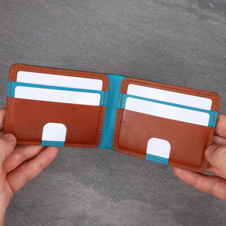 Cartera plegable de cuero azul y marrón, Cartera plegable para hombre para venta al por mayor de HOLD SUPPLY