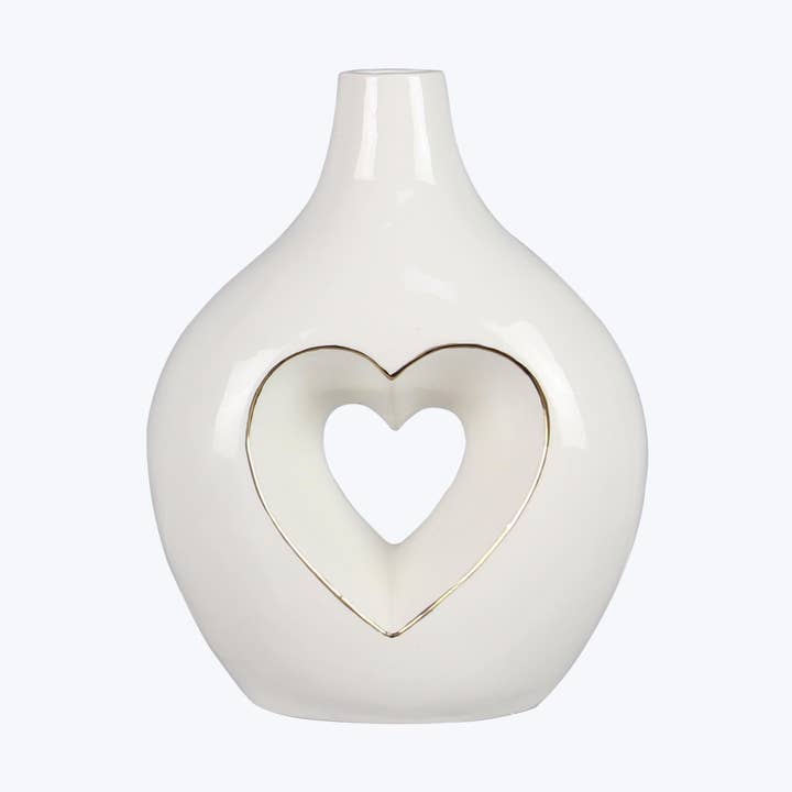 Young's - Vente Vases - Vase en céramique avec découpe en forme de cœur bordée d'or (Réf : 14028)