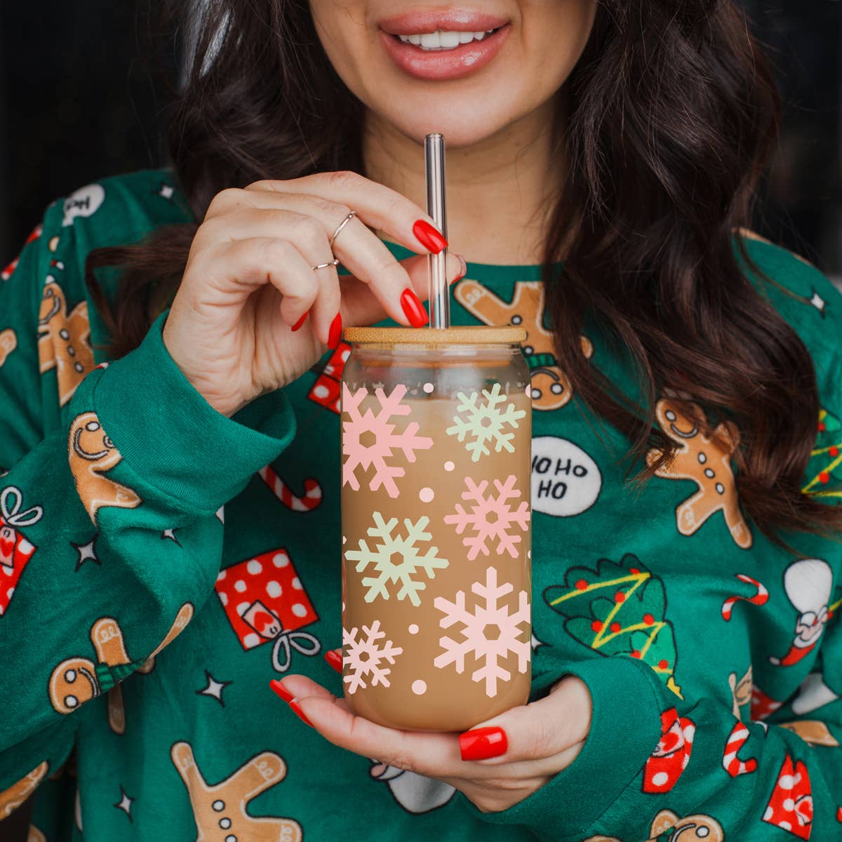 Gia Roma - Wholesale Drinking Glass/Cup - Vintage Santa Christmas Glass Tumbler with Straws & Wood Lid6