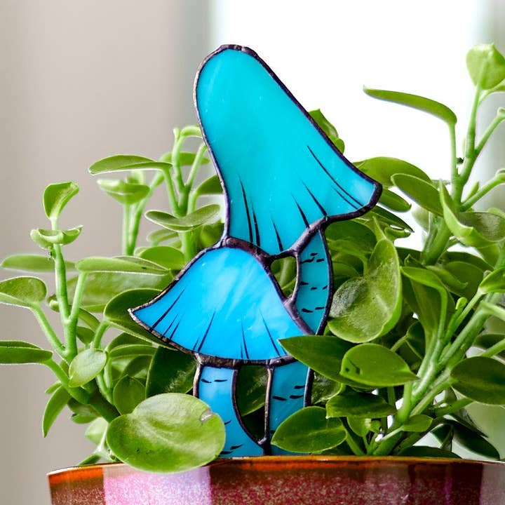 Blue Entoloma Mushroom Stained Glass Plant Pot Stake for wholesale by Avalglass