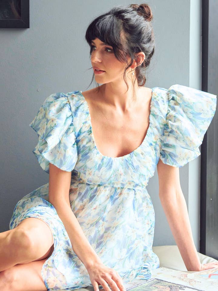 WATERCOLOR FLORAL ORGANZA BOW TIE MINI DRESS-DI6982FO for wholesale by Fore Collection