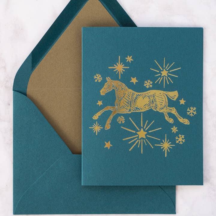 Danielle Demers Studio - Wholesale Season's Greetings Card - Horse, Stars & Snowflakes Foil Stamped Cards, Set of 81