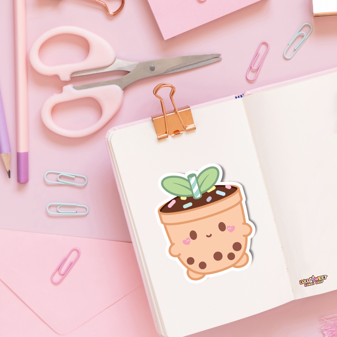 Paper and Sprinkles - Wholesale Sticker - Cute Milk Tea/Boba Planter Vinyl Sticker1