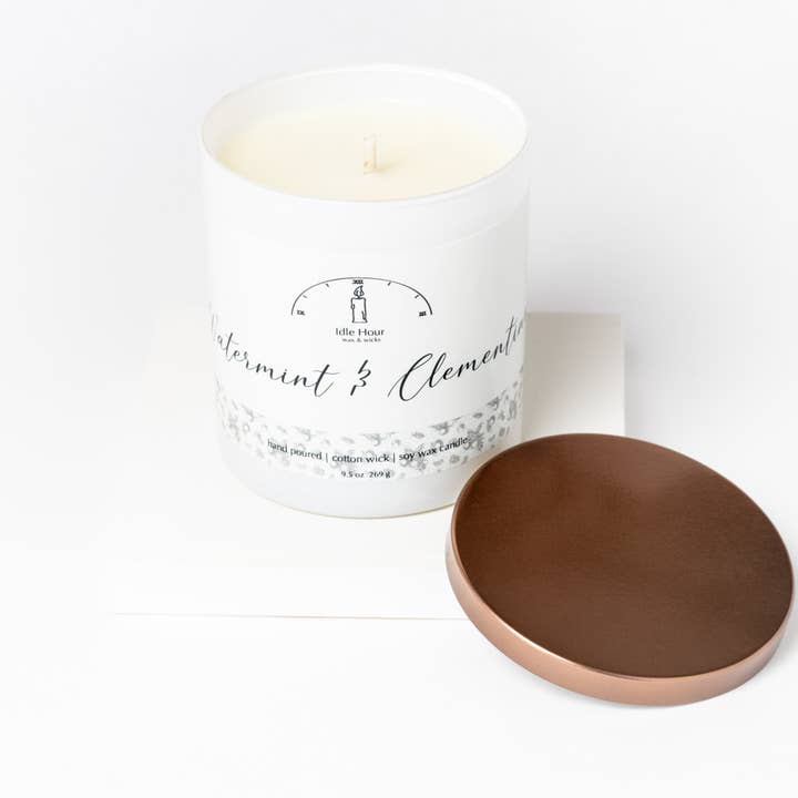 Watermint & Clementine, 9.5 oz jar Soy Wax Candle for wholesale by Idle Hour Wax & Wicks