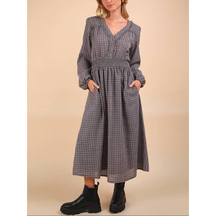 58313 Abito Midi a Quadri con Scollo a V e Maniche Lunghe a Fumetto per la vendita all'ingrosso da parte di Coloring You