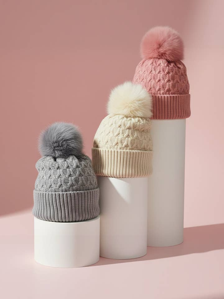 Kabelstrick Flauschige Bommelmützen 12er-Pack für den Großhandel von Arya Jewellery Wholesale