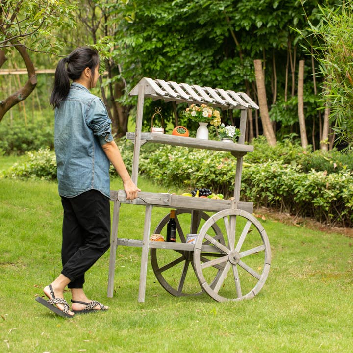 Quickway Imports - Wholesale Bar Cart - Antique Rustic Solid Wood decor Display Rack Cart, 3 Tier