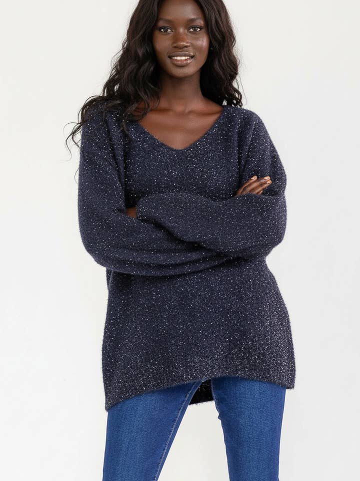 V-NECK PULLOVER SHIMMER SWEATER for wholesale by 5besties inc