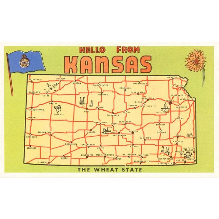 Postcard KS-66 Hello from Kansas, Map of the Wheat State for wholesale by Found Image Press