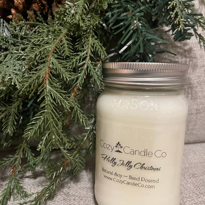 Holly Jolly Christmas Soy Candle for wholesale by Cozy Candle Co
