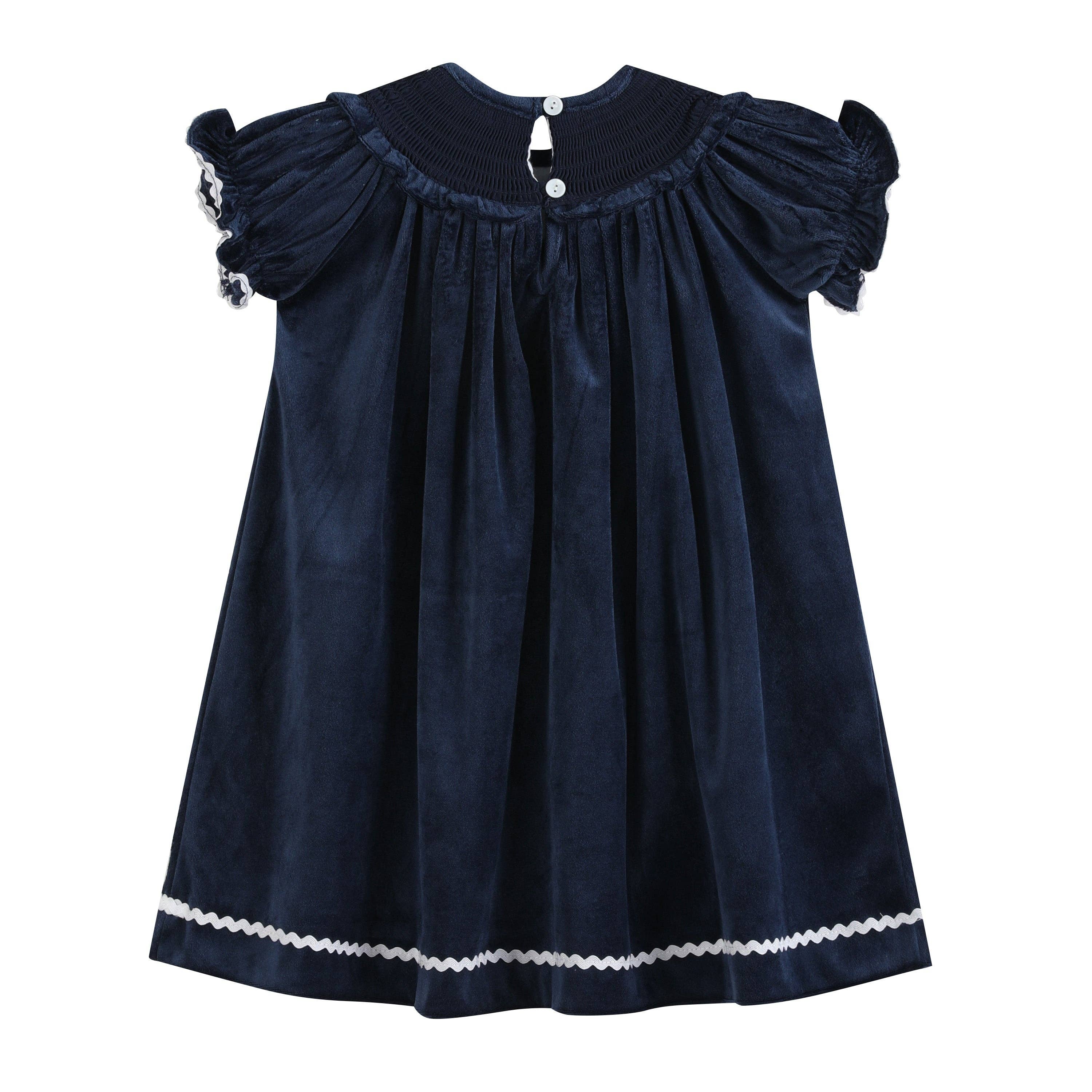 Lil Cactus - Wholesale Dress - Kids - Blue Velvet Silver Bows Smocked Ruffle Bishop Dress2