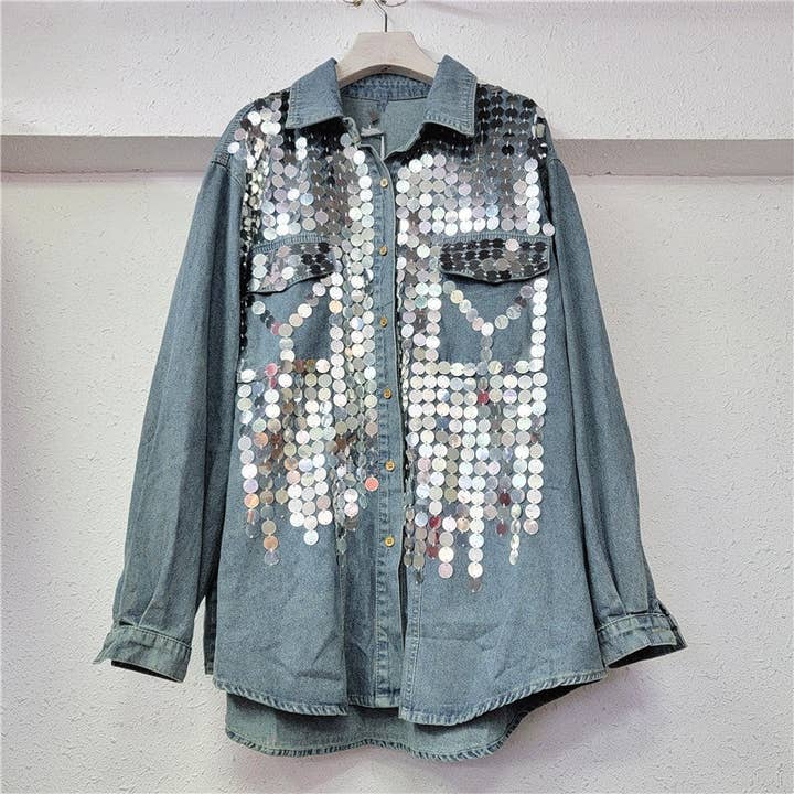 M263 Sequin-Embellished Denim Shirt with Curved Hem for wholesale by Sanyao Fashion