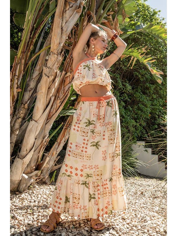 Cream Multi Printed Halter And Skirt Set for wholesale on Faire3