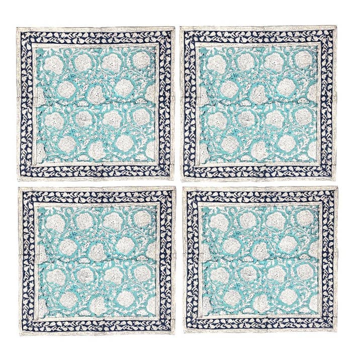 S/4 Turquoise Block Print Napkins 40x40cm for wholesale by Status Collections