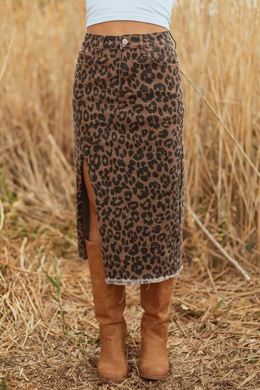 FULL TIME PURCHASE - Wholesale Skirt - Women's - Leopard Denim Frayed Split Denim Midi Skirt0