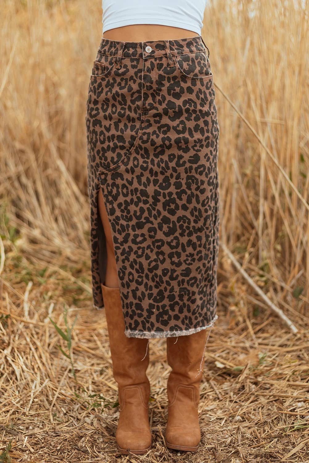 FULL TIME PURCHASE - Wholesale Skirt - Women's - Leopard Denim Frayed Split Denim Midi Skirt
