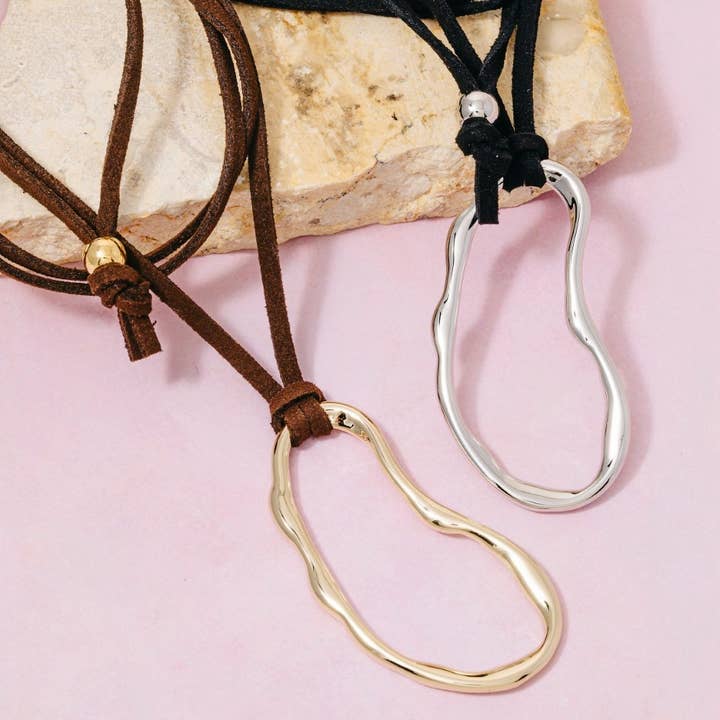 The Looks by Fame Accessories - Wholesale Pendant/Charm Necklace - Large Thin Oval Pendant Suede Cord Necklace