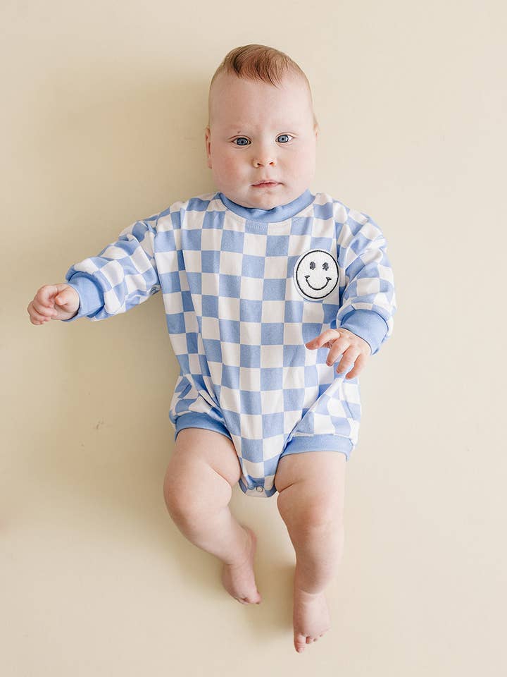 Bubble Romper | Checkered Smiley Blue for wholesale by Lucky Panda Kids