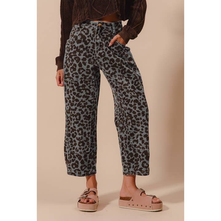 IVE - Wholesale Pants - Women's - TWO TONED LEOPARD PRINT TWILL MID RISE WIDE PANTS