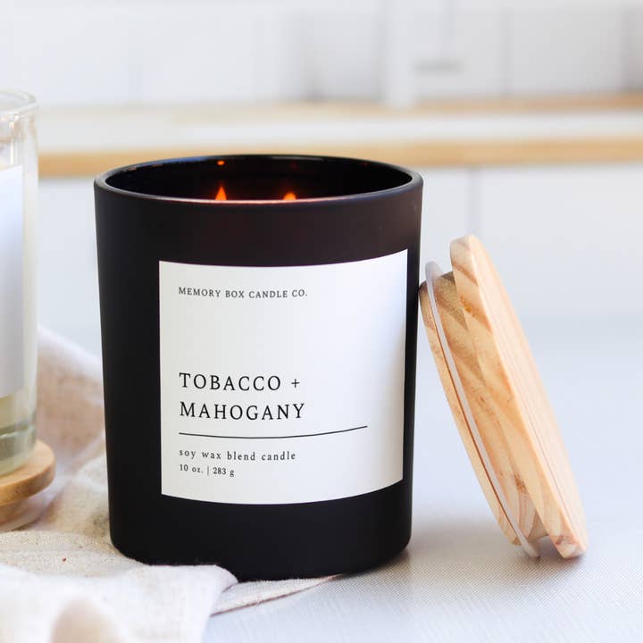 Tobacco + Mahogany - 10 oz. Matte Black Glass Soy Candle for wholesale by Memory Box Candle Co.