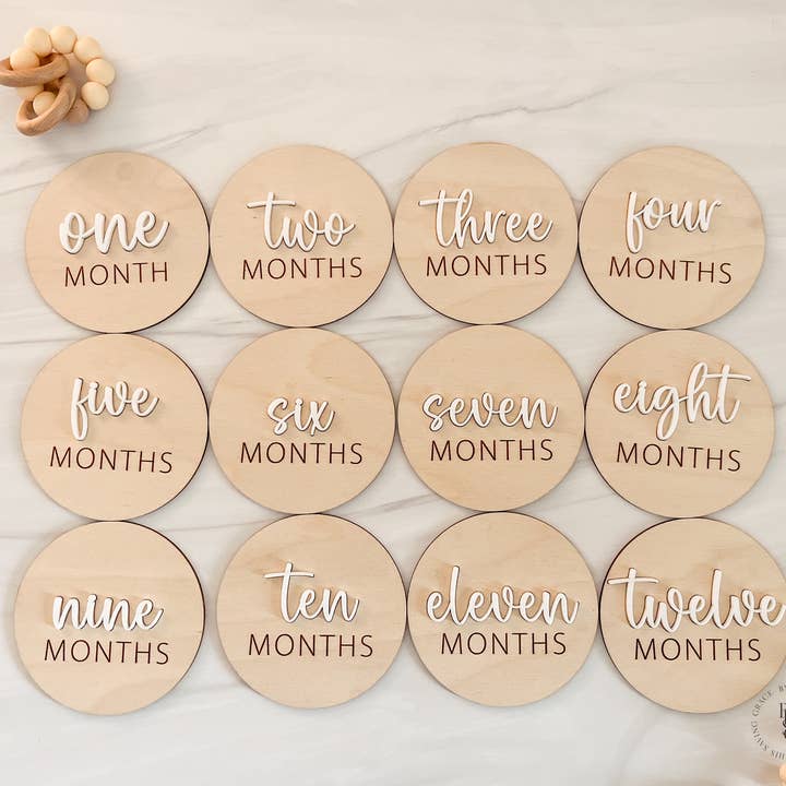 3D Wooden Monthly Milestone Discs White Acrylic Month for wholesale by By His Saving Grace, LLC