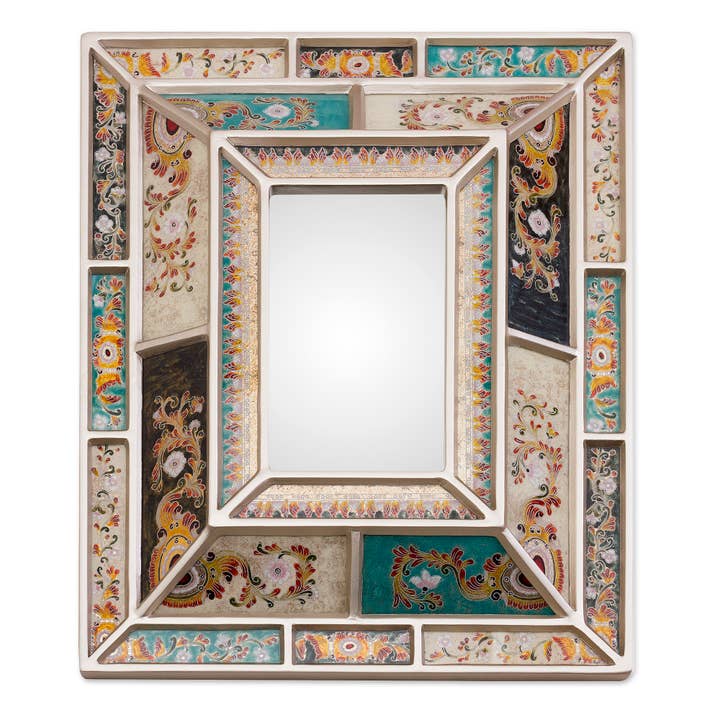 Novica Handmade Fantastic Floral Reverse-Painted Wall Mirror for wholesale by NOVICA