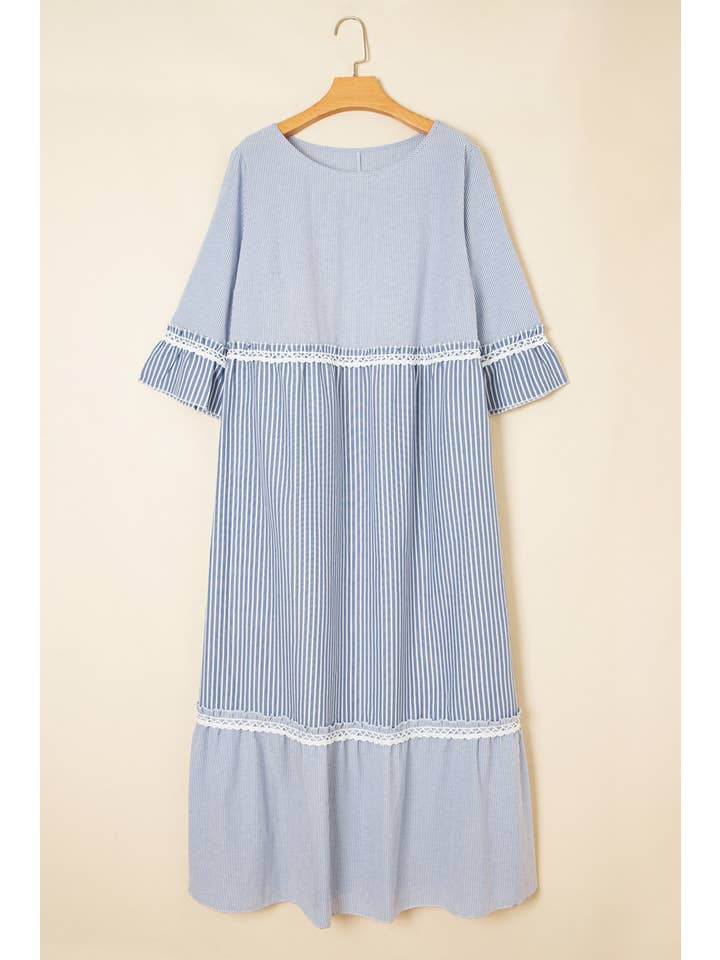 Blue Spring 2026 Stripe Crisscross Lace Patch Shift Dress (S-4X) for wholesale on Faire3