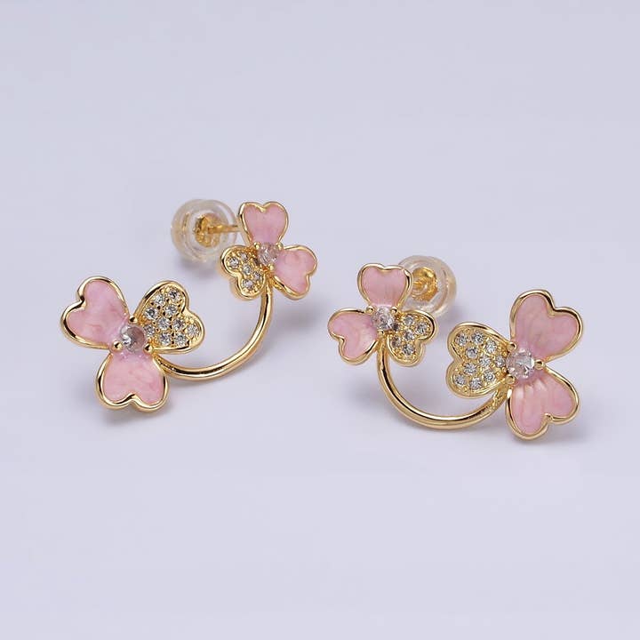 Gold Filled Double Flower Pink Sparkly Enamel Stud Earrimgs for wholesale by Aim Eternal