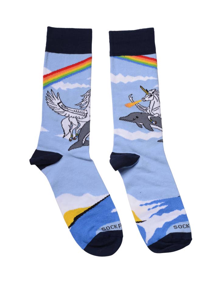 Sock Panda - Wholesale Socks - Unisex - Land of Dreams Socks - Fire Breathing Unicorn on a Dolphin!