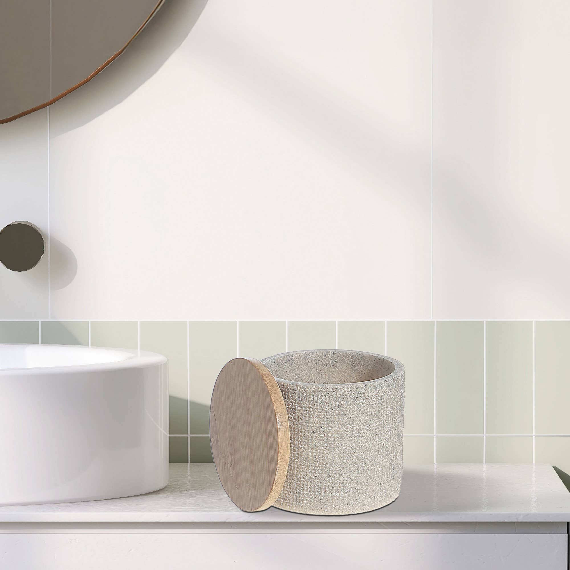 Yellow Polyresin Cotton Swab Holder With Bamboo Cover for wholesale on Faire1