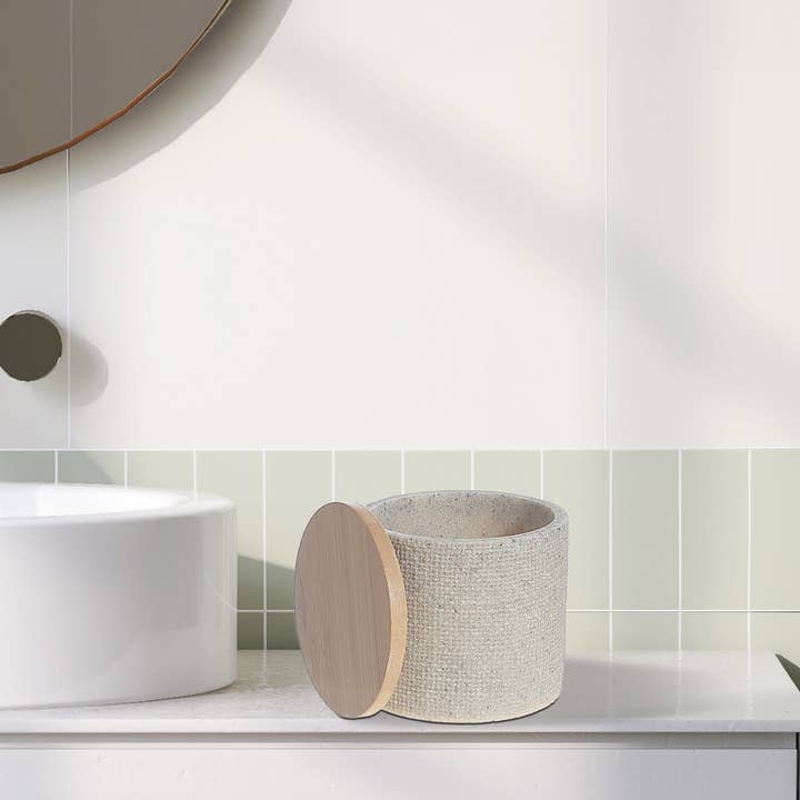 Yellow Polyresin Cotton Swab Holder With Bamboo Cover for wholesale on Faire1