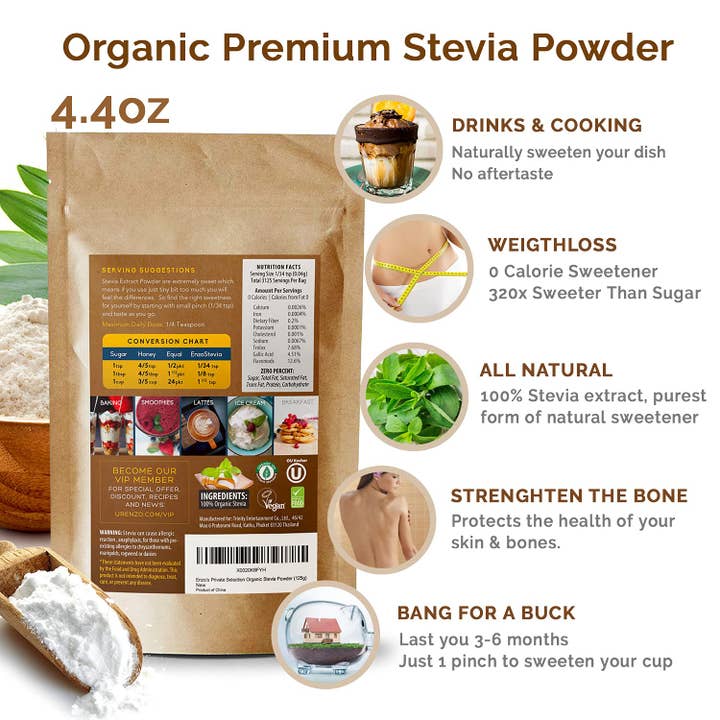 Enzo's Private Selection - Wholesale Sugar/Sweetener - SuperSweet Organic Stevia Powder 125g (4.4oz / 3125-Servings)1