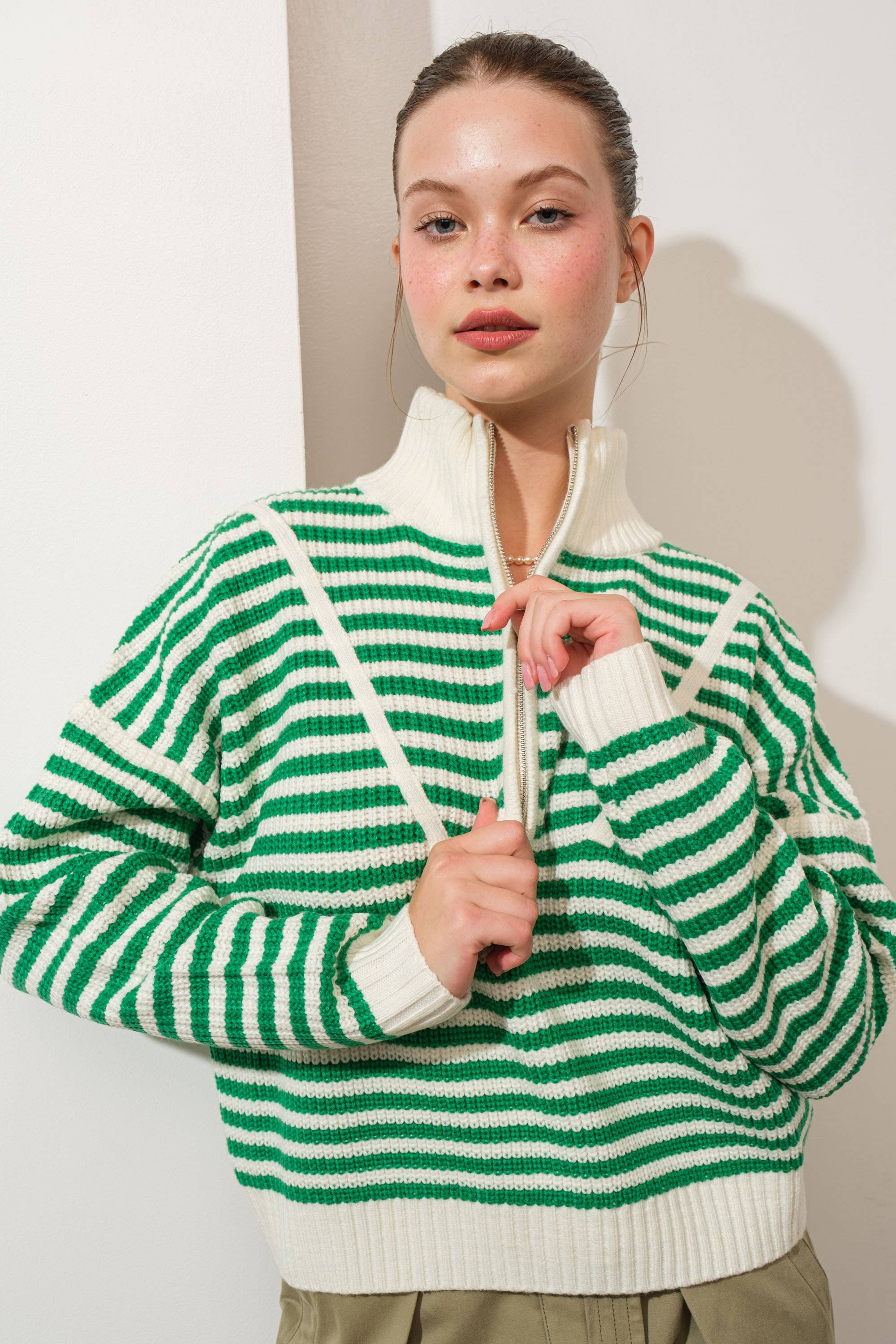 Creamon - Wholesale Knit Sweater - Women's - Preppy Californian Half-zip Striped Sweater-GREEN11