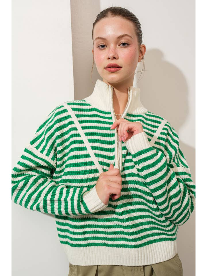 Creamon - Wholesale Knit Sweater - Women's - Preppy Californian Half-zip Striped Sweater-GREEN11