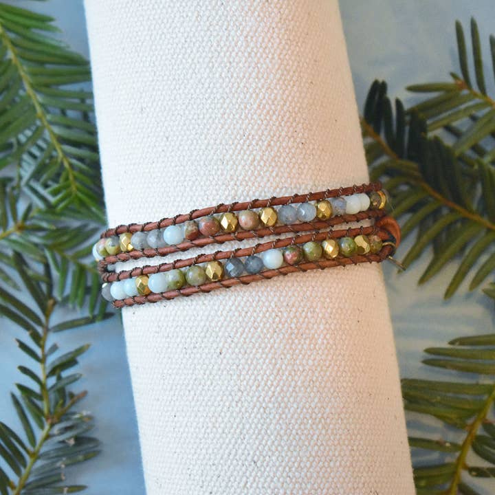 Meadow - Bracelet 2 Wrap Cuir Pierres précieuses pour la vente par Hadley Richards Designs