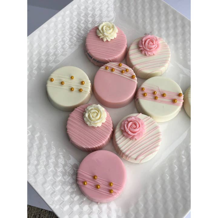 Chocolates Unlimited by Denise - Wholesale Chocolate Covered Sweets - Pink & White Flowered Chocolate Covered Oreos