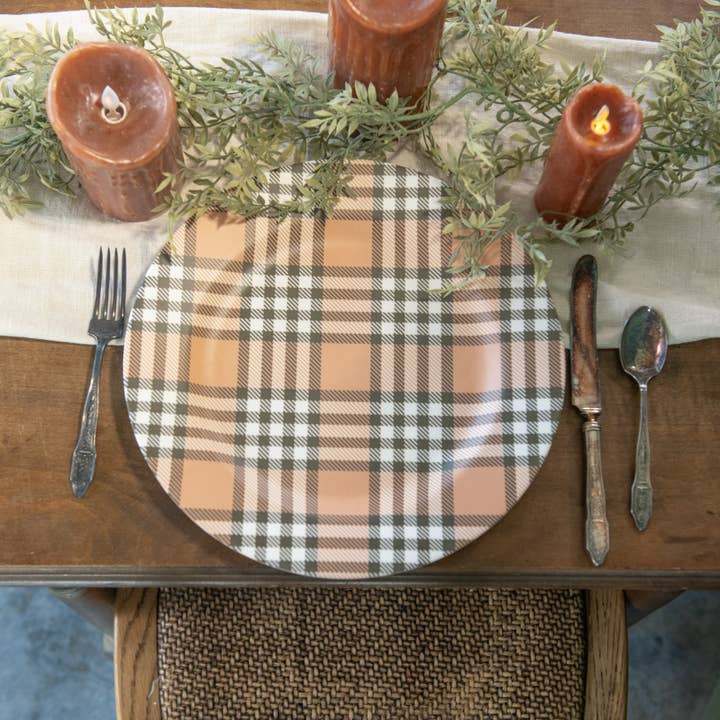 Ragon House - Wholesale Charger Plate - TAN & GREEN PLAID CHARGER
