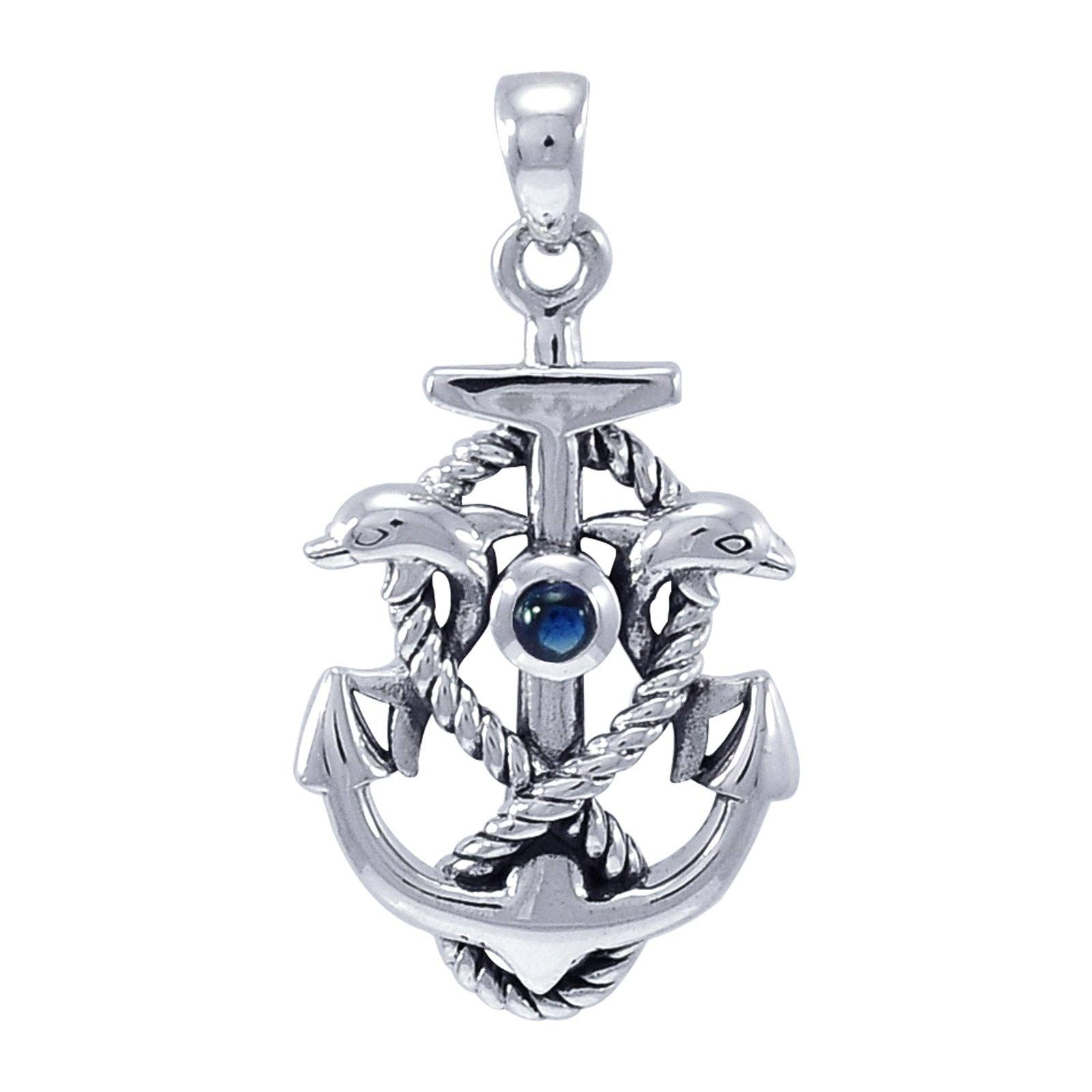 Silver Insanity – wholesale Individual charm/pendant – Synthetic Blue Sapphire Dolphin Rope Anchor Sterling Silver Pendant1