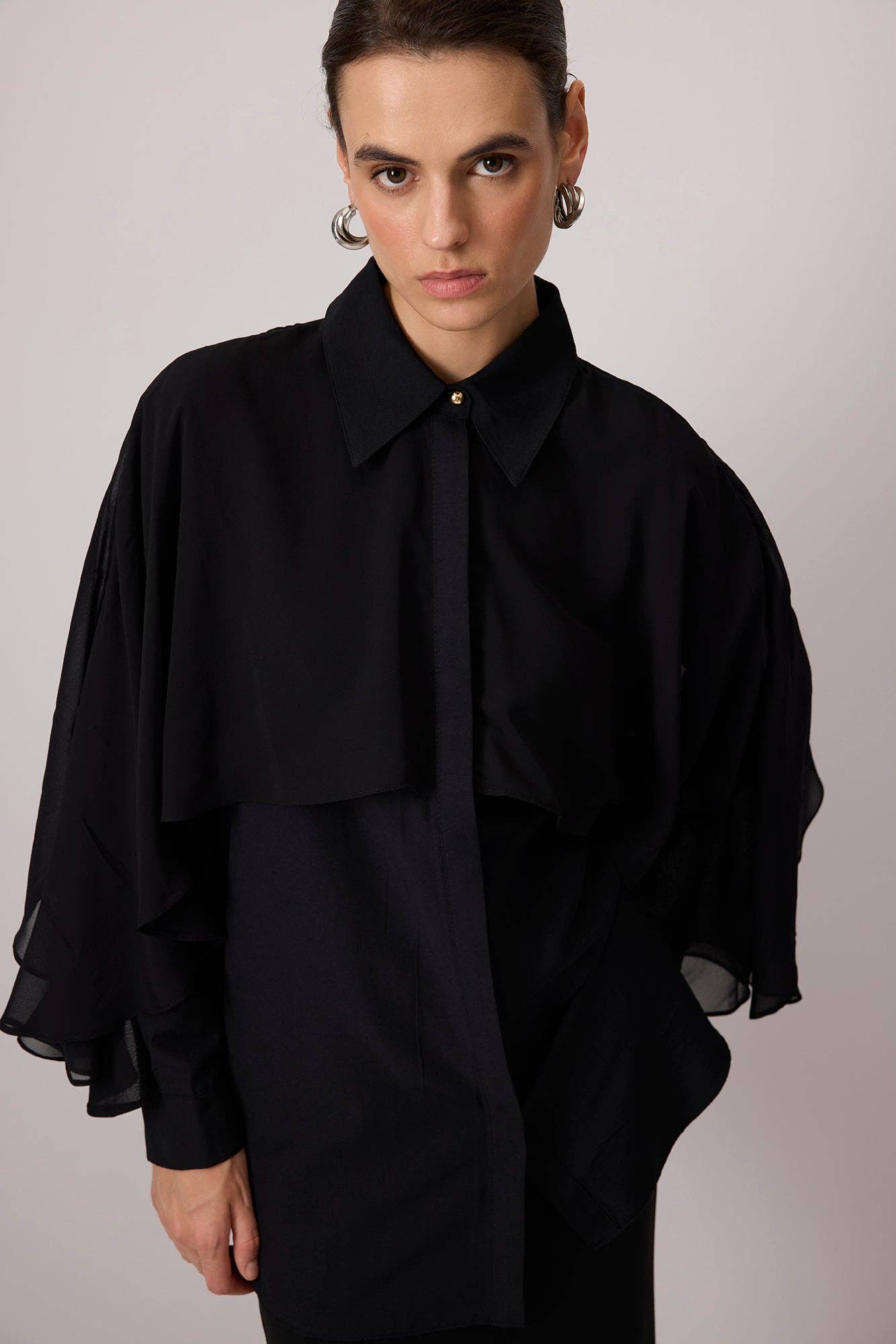 Black Poplin Shirt with Flowing Chiffon Cape Detail for wholesale on Faire4
