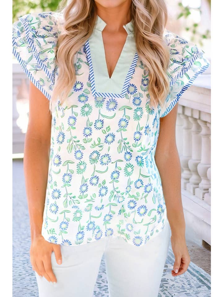 Green LDC Floral Print Striped Detail Contrast Patchwork Blouse for wholesale on Faire