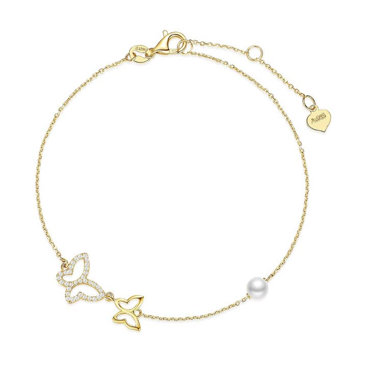 Pulsera de mariposa de oro amarillo de 14 quilates con perlas de agua dulce de 4 mm, pulsera ajustable con circonitas cúbicas de lujo, joyas finas de perlas auténticas para venta al por mayor de Fanci Me Jewelry